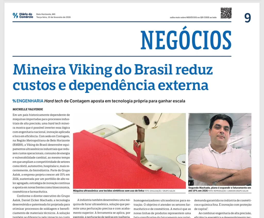 Matéria jornal Diário do Comércio. Título: Viking do Brasil impulsiona a indústria nacional com equipamentos ultrassônicos industriais de alta precisão